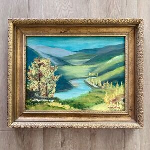 Vtg Signed Original Oil Painting River Landscape 20.5”x16.5”” Wood Curving Frame